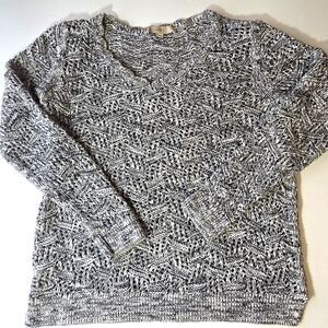 LOFT  Women SZ Large Open-Knit Sweater Black/White Marble Long Sleeve V-Neck